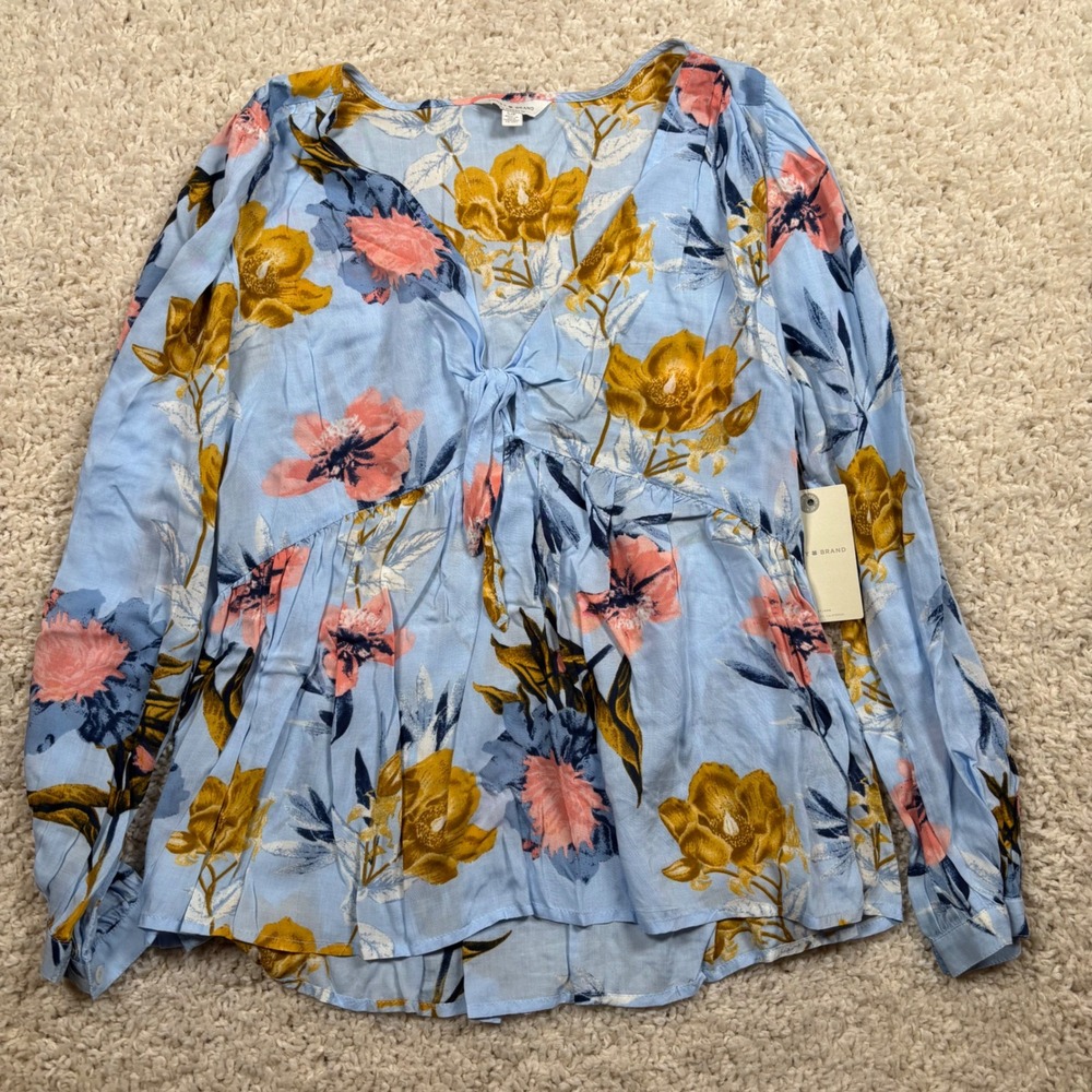 Lucky Brand Floral Tie Front Peplum Top Blue Mustard Yellow Small NEW